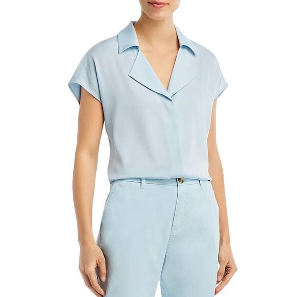NWT HUGO BOSS Breta Short Sleeve Stretch Silk Blouse Blue Dust 2 Collared Top - Picture 1 of 5